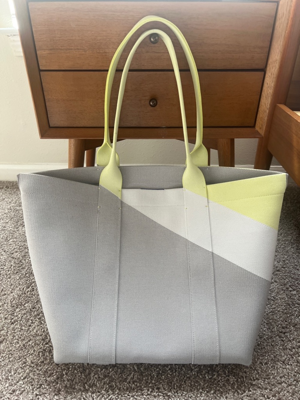 Rothys essential tote bag in grey yellow and white